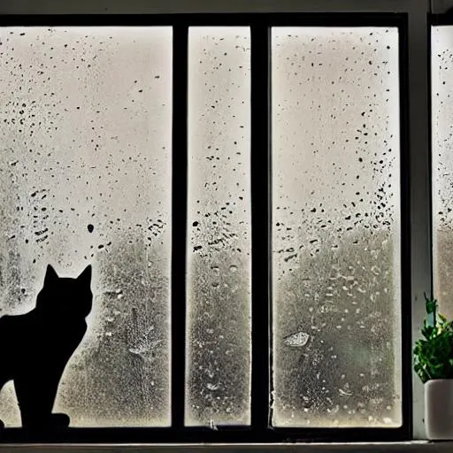 Prompt: A black cat is sitting on a windowsill. Beyond the window, a dark cloud drops rain on a wet port city. The wallpaper is paisley. The mood is somber. Cartoon.