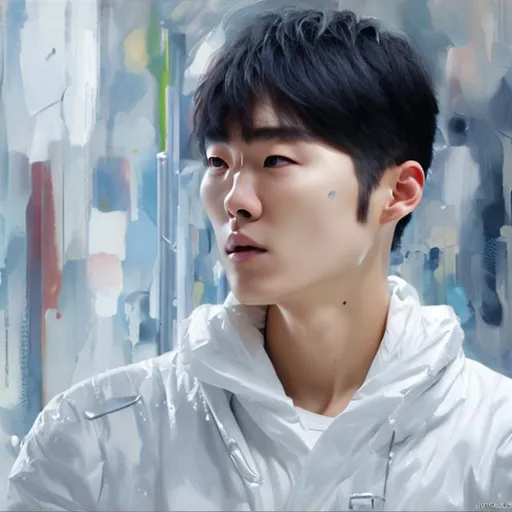 Prompt: Korean man with white futuristic clothes hiper-realistic oil paint                           