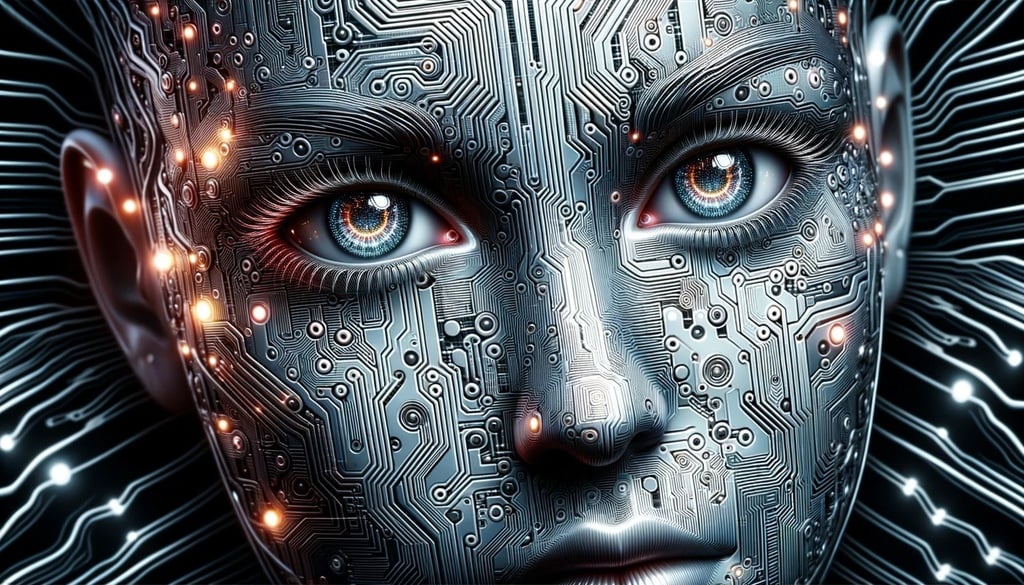 Prompt: Digital art illustration of a circuitry woman with a blend of the styles mentioned, focusing on shiny, almost luminescent eyes. The close-up image showcases the detailed circuit patterns and the surreal atmosphere around her.