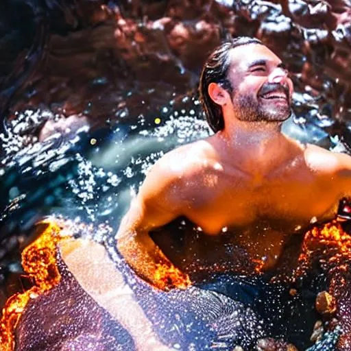 Prompt: A picture of a happy man having a bath in molten lava