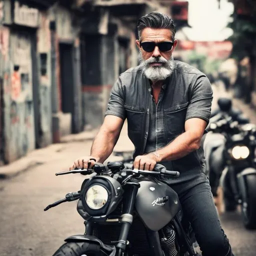Prompt: Handsome Man with grey hair and cool beard and dark glasses on cafe racer Motorcycle