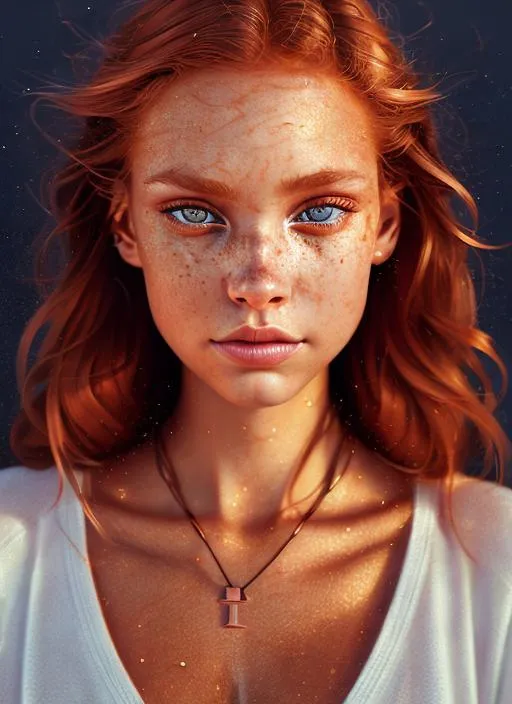 Prompt: Portrait of girl with copper hair and with pretty face, dark brown eyes, summer sunset vibe, perfect composition, hyperrealistic, super detailed, 8k, high quality, trending art, trending on artstation, sharp focus, studio photo, intricate details, highly detailed