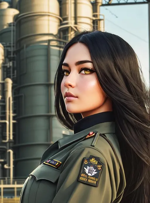 Prompt: Analog style portrait+ style ; war girl, visiting fuel refinery wearing baggy pants and army dark blue uniform. Science fiction hype realistic 8k shot of the day, beautiful morning hour high resolution. Sage green muted coloured eyes. Looking back at viewer. Long black hair. Shadow eyeliner.