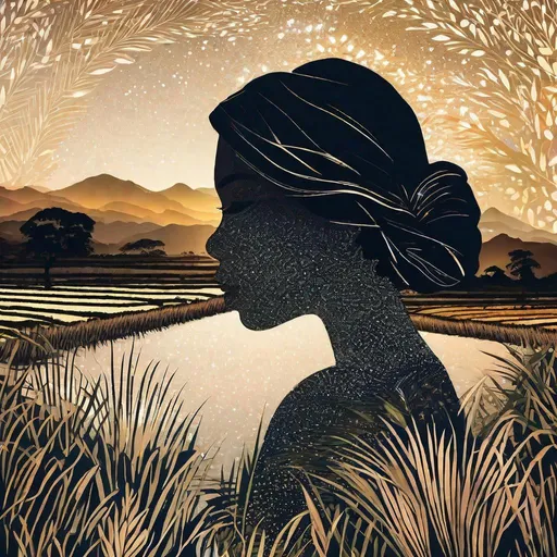 Prompt: double exposure photography, outlined silhouette of pretty young Indonesian woman, (25 year old, round face, high cheekbones, almond-shaped brown eyes, small delicate nose), stunning tropical landscape, (rice fields, tropical flowers, mountains), starry night, double exposure photography, ambient lighting, masterpiece, highly detailed