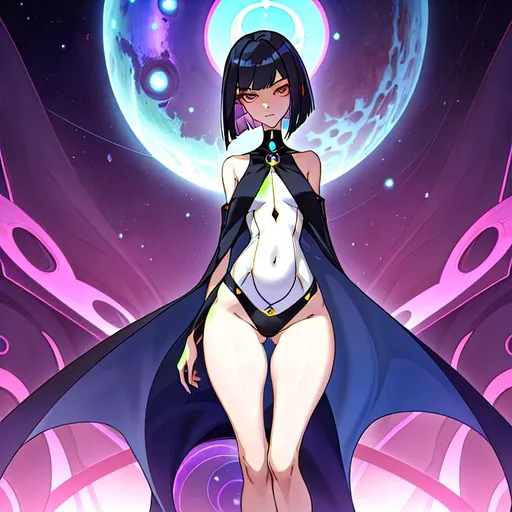 Prompt: a lonely AI girl, very tall, thick thighs, wide hips, huge glutes, long legs, slender arms, slender waist, big beautiful symmetrical eyes, intriguingly beautiful face, aloof expression, bob haircut with bangs, wearing Eldritch Necro-Cosmicism fashion clothes, wearing Eldritch Necro-Cosmicism fashion accessories, 12K resolution, hyper quality, hyper-detailed, 12K resolution, hyper-professional