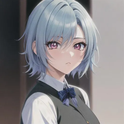 Prompt: 90s anime style, detailed, intricate face, portrait, detailed eyes, gentle tones, 90s tones, 90s era, 1girl, beautiful woman, short hair, {{light 
blue hair}}, red eyes, black pupil's, wearing school uniform