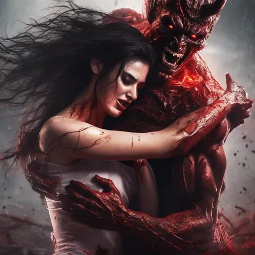 Prompt: Violent sadistic concept art of demon strangling a beautiful brunette Horrifying terrifying vibrant bloody intense image. Everything is perfectly to scale. HD, 8k, UHD, High Resolution Award winning
