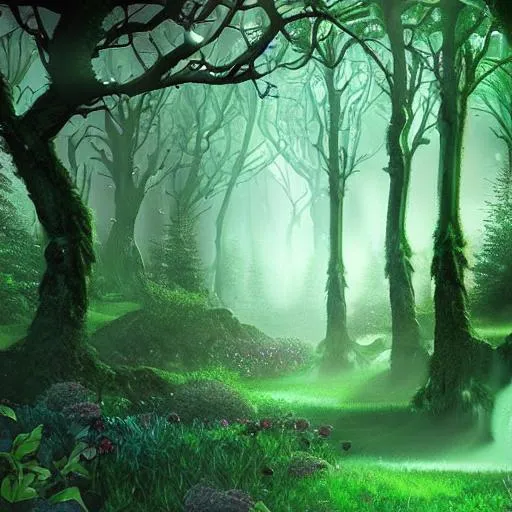 Prompt: enchanted magic forest dark green fantasy