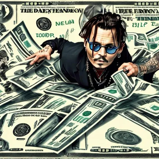 Prompt: Johnny Depp diving into Money cartoony cartography