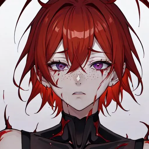 Prompt: Erikku male adult (short ginger hair, freckles, right eye blue left eye purple)  UHD, 8K, insane detail anime style, covered in blood, psychotic, covering his face with his hands, face covered in blood and cuts, blood highly detailed, crying out in pain, winking, left arm purple