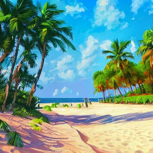 Prompt: A cartoon style florida beach landscape in the style of Peder Mork Monsted