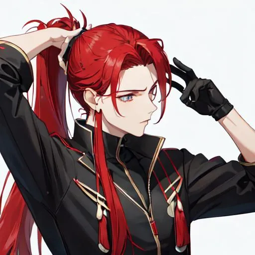 Prompt: Zerif 1male (Red side-swept hair covering his right eye) pulling his hair back into a ponytail, side profile