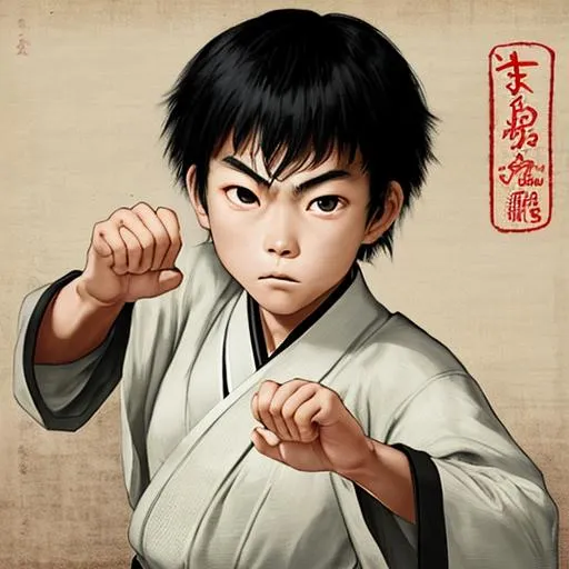 Prompt: A high quality portrait of a young Japanese boy in kung fu training, with a determined face expression, very old styled portrait