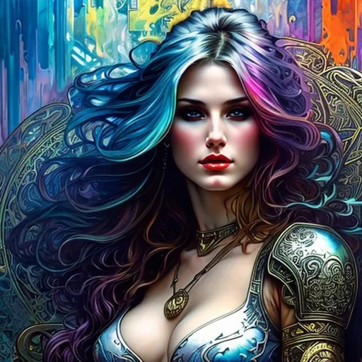 Prompt: hot shieldmaiden, Alphonse Mucha, Luis Royo, Joyce ballantyne, rainbow hair,  graffiti art, splash art, street art, spray paint, oil gouache melting, acrylic, high contrast, colorful polychromatic, ultra detailed, ultra quality, CGSociety, depth of field