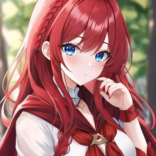 Prompt: Haley 1female (braided red hair pulled back, lively blue eyes), highly detailed face, 8K, UHD, wearing a red riding hood outfit
