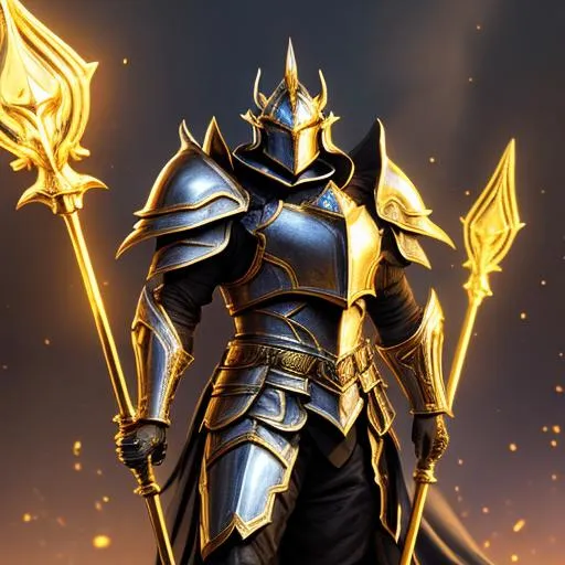 Prompt: Full-body detailed masterpiece, fantasy, high-res, quality upscaled image, perfect composition, head shot, subject of this image is a war forged suit of armor from dungeons and dragons with their left hand holding a halberd emitting black essence. , gold glowing eyes, 18k composition, 16k, 2D image, cell shaded, athletic torso, desert dunes night time background, gold aura behind, desert, night, 