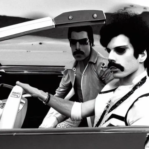 Prompt: Freddie mercury and Prince sitting in a convertible Cadillac  at a retro futuristic gas station on mars