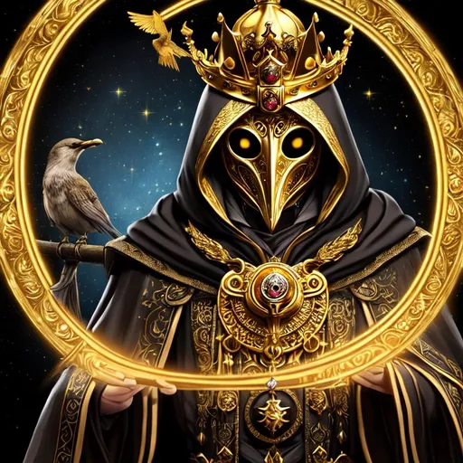 Prompt: Fantasy style, a hyper realistic detailed image of undead god king, golden plague doctor mask, bird skull,  covered in nightly glow, looking straight ahead, body facing camera, camera top third of image, perfect composition, super detailed, sharp focus HDR, UDR, 120k, black and gold coloured thick wide dress, Gold shoulder plates, black hood, golden crown, iridescent crystal eyes, in a dark stary night-time fantasy background, black sand covered jewellery, sun orb 