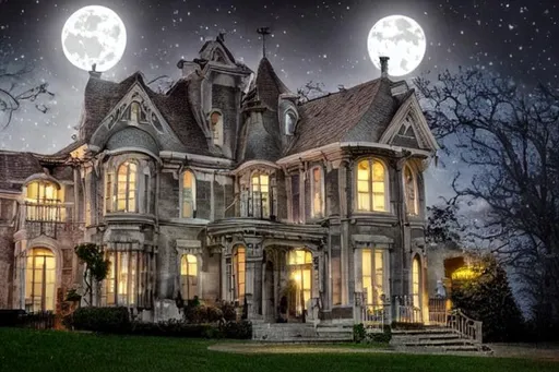 Prompt: Ghostly Whimsical mansion moonlight