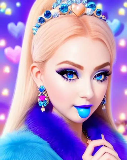 Prompt: Princess Peach eating candy ice cream, blue lipstick, snowy beach, blue heart necklaces, Thick blue fur coat, Black Cape, pleasant face, blue spiral eyes, Black-purple eyeshadow, long ice earrings. Cold color scheme, ultradetailed, 8k resolution, perfect, smooth, high quality, shiny. 
