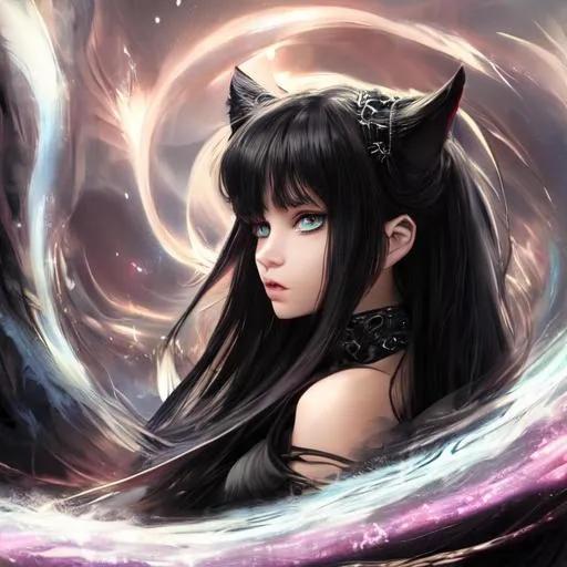 fantasy, magical, teen girl, black cat ear, long bl... | OpenArt