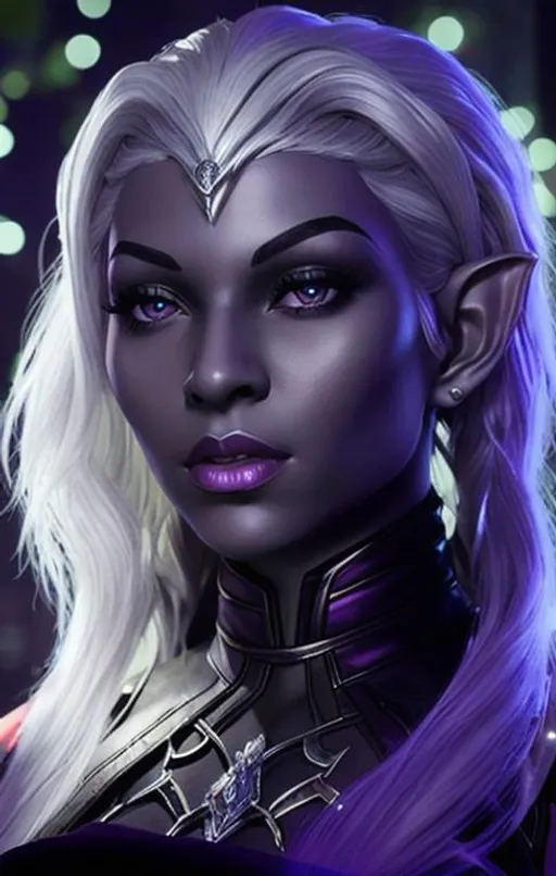 Prompt: depiction of a female drow dnd elf with silver skin young ann miller, white hair dark skin, extremely detailed, unreal engine, octane,full body, zoomed out, 70mmphoto realistic, 8k gigapixel, purple eyes