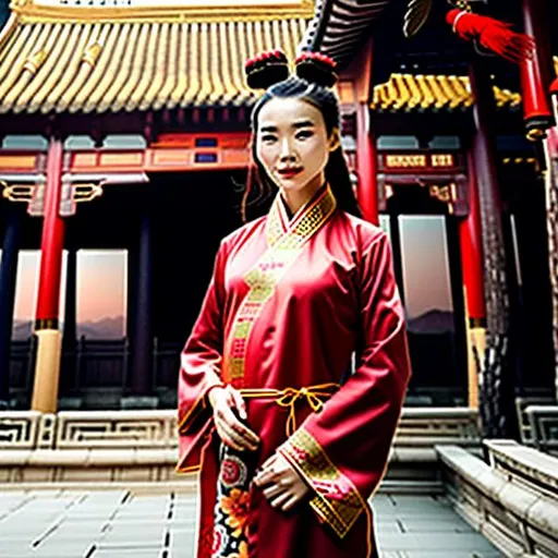 Prompt: An Asian woman wearing a necktie and a traditional Chinese robe, Hanfu, the person is wearing a mix of a business suit and East Asian attire, the person is wearing a fancy fez, the person is surrounded by domed buildings with Chinese roofs, landscape, realistic, photograph