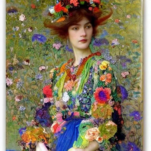 Prompt: A beautiful woman in a colorful dress surrounded by colorful patterns and flowers by edgar maxence and michael whelan