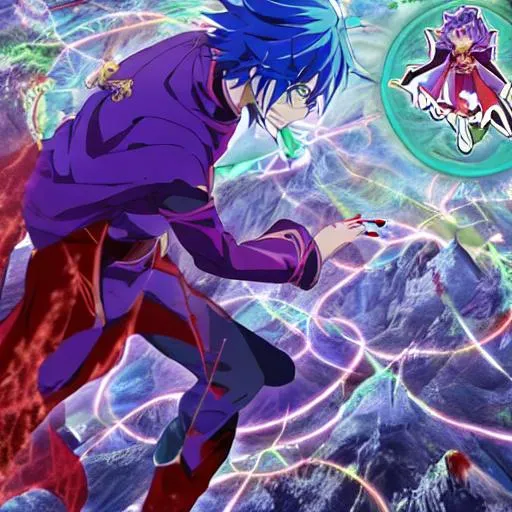 Prompt: Anime guy with blood sword, Cyan hair, purple cloak, and Green eyes, fighting the devil, on a mountain in chille
