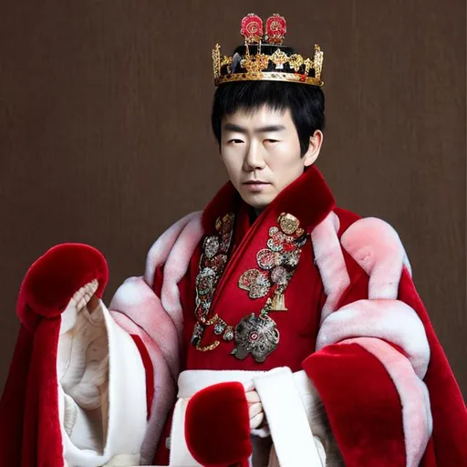 Prompt: Japanese man, emperor, king, ruby crown, white robe, fur cape