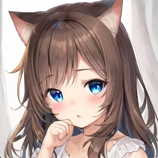 Prompt: a cute portrait of a cat with brown hair and blue eyes and light blush