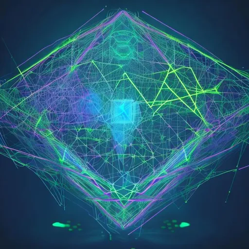Prompt: Generate an abstract image that encapsulates the concept of super-intelligent AI. Use geometrical shapes in neon hues, interweaving amidst a dark background, representing the complex networks and illumination of intelligence.
