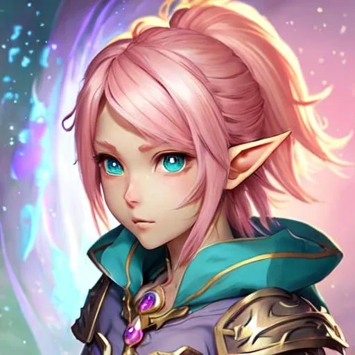 Prompt: female astral elf oath of wile Paladin character concept art and illustration by akihiko yoshida, style of pixar, amazing detailed face closeup, short pink hair, big beautiful eyes swirl with iridescent colors, wearing traveler's clothes, action, madhouse and kyoani character face, cute, pretty girl, portrait, pixiv, artstation, spectacular details, Volumetric Lighting, Dramatic lighting