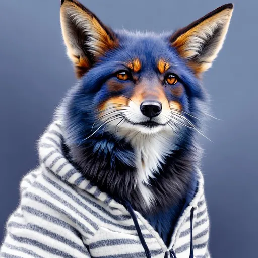 Prompt: Dark blue female anthropomorphic fox, white chest and front paws, grey stipes on hind legs and tail, white tips on his ears, human look and standing upright, wearing a black hoodie, oil painting, realistic