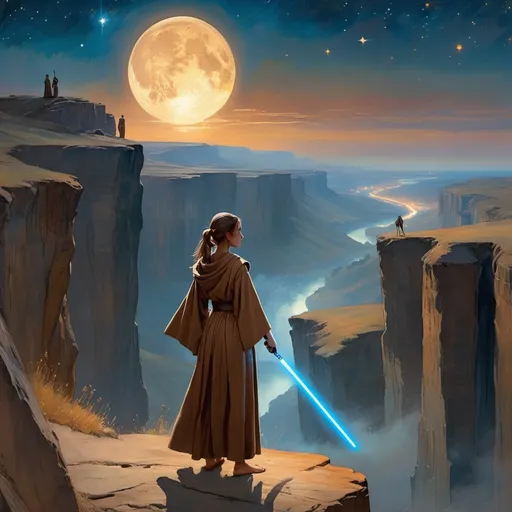 Prompt: female jedi in brown robes standing on a cliff with her blue lightsaber ignited, overlooking a beautiful landscape, Degas painting, Impressionist painting, peaceful atmosphere, nightfall, two moons, stars, 4k, pretty woman walking through the city