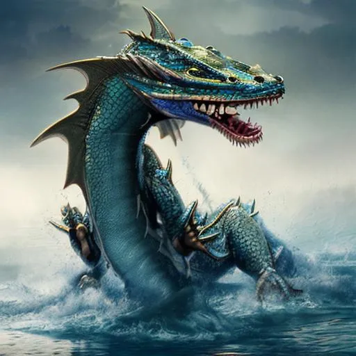 Prompt: flying water dragon, blue armor scales, mysterious fog lake background, hyper realistic, full body, chinese style, have sharp horns