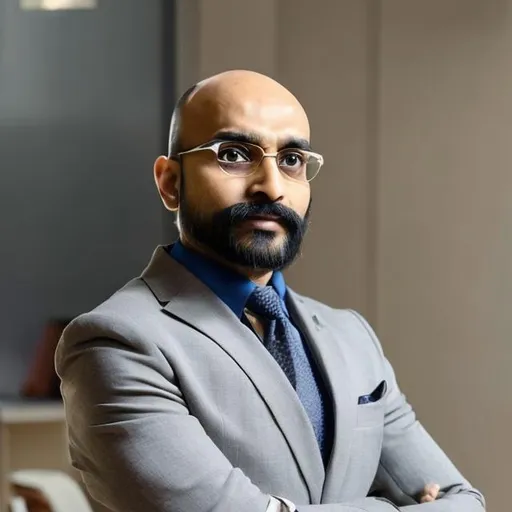 Prompt: strong, bold, bald, smart, Indian man with 6'1 height. in the suit. with a beard. working for consultancy 