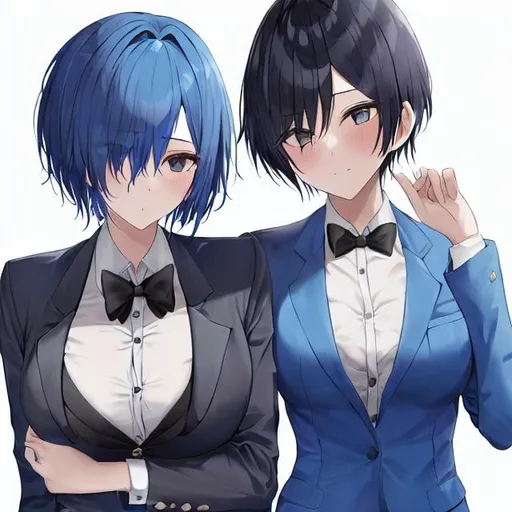 Prompt: A girl with blue short hair wearing a suit at a prom with another girl
