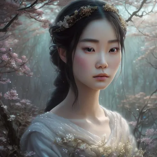 Prompt: In this photorealistic painting, we encounter a mesmerizing woman named Aria, portrayed by the talented artist Mei Chen. Aria hails from a distant land, and her appearance is a captivating blend of elegance and allure.

Aria stands alone in a dreamlike scene, emitting an aura of tranquility tinged with a subtle touch of melancholy. Her warm brown eyes hold a hint of wistfulness, drawing the viewer into her world of emotions.