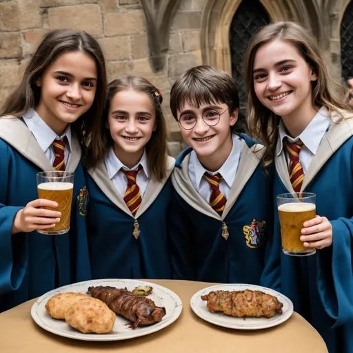 Prompt: Crie uma cena vibrante e alegre de uma família feliz participando de um festival inspirado no mundo de Harry Potter. Mostre os membros da família usando trajes icônicos de Hogwarts, como robes e cachecóis nas cores das casas, com varinhas na mão e sorrisos radiantes Inclua detalhes do festival, como barracas de comidas mágicas, decorações temáticas, e, ao fundo,. um castelo majestoso semelhante a Hogwarts sob um céu azul. Elementos mágicos, como criaturas fantásticas e feitiços visíveis, devem adicionar um toque encantador à cena