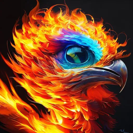 Prompt: cute flaming phoenix hawk, rainbow colors, sparkling eyes, expressive eyes, big flowing fiery feathers, beautiful feathers, sharp features, highly detailed, digital painting, artstation, concept art, smooth, sharp focus, illustration, art by greg rutkowski