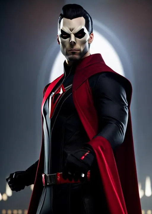 Prompt: High-resolution hyperrealistic photo of marvel's mr sinister nathanial essex merged with the red skull johann schmidt, pale gaunt face, vampire, black costume, black and red cape, uhd, hdr, 64k