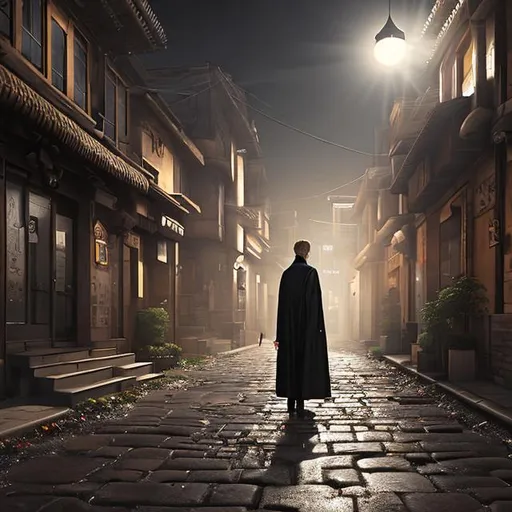 Prompt: A young blonde man in a black coat holding a cigarette walks in the middle of a small paved street, flanked by buildings (no one ảound him), global illumination, radiant light, detailed and intricate environment
(Takashi Murakami style)