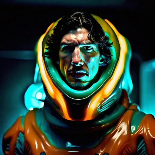 Prompt: Full view of Intimidating mohawked Adam Driver with a mocking expression is wearing a Teal and yellow-orange translucent glowing bioluminescent lumpy jello protective suit and posing threateningly in a dark room