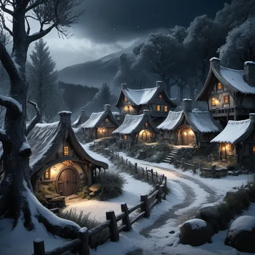 Prompt: Weathered, fantasy RPG style hobbit village in forest, various huts, high res, eerie atmosphere, dark mood, heavy snowing, detailed structure, detailed foliage, various trees, high quality, detailed, RPG, fantasy, weathered, atmospheric lighting, dense foliage, diverse trees, rustic, dark blue tones, smoke from chimney, night, dramatic view, seen from distance, winter