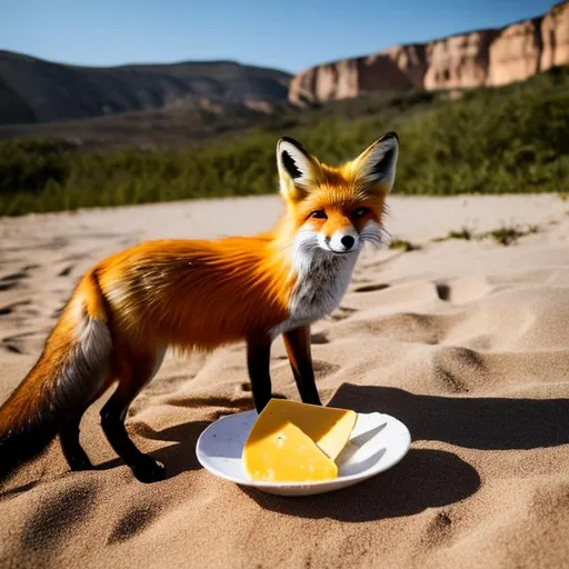 Prompt: Portrait of a fox in a sombrero eating cheese on the beach