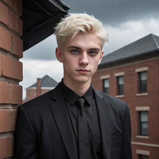 Prompt: Boy, 23 years old, tall like 5'10", dark blue eyes, short cut straight but messy platinum blonde hair, evil smirk on his face, white skin, black suit jacket, black pants, and black long sleeve buttoned up shirt, with black shinny shoes, and leaning against tall brick building with grey clouds above and looks like its gonna rain set back in mid evil fantasy times