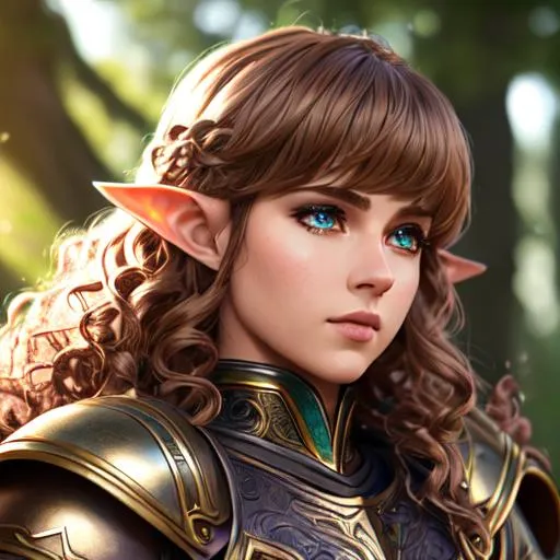 Prompt: cinematic shot, elf, dnd, brown leather armor, detailed face, detailed eyes, full eyelashes, detailed interior, ultra detailed accessories, curly hair, bangs, 

((sunshine, very strong sunlight on face, cinematic lighting, volumetric lighting, beautiful shading, head light, back light, natural light, ray tracing, symmetrical)), (((masterpiece, professional, professional illustration))), Fantasy style,

UDR, HDR, 64k, beautiful, stunning, masterpiece