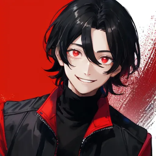 Prompt: Kind and smiling male with shoulder length black hair and red eyes. Wears a black turtleneck sweater underneath a red and white jacket.