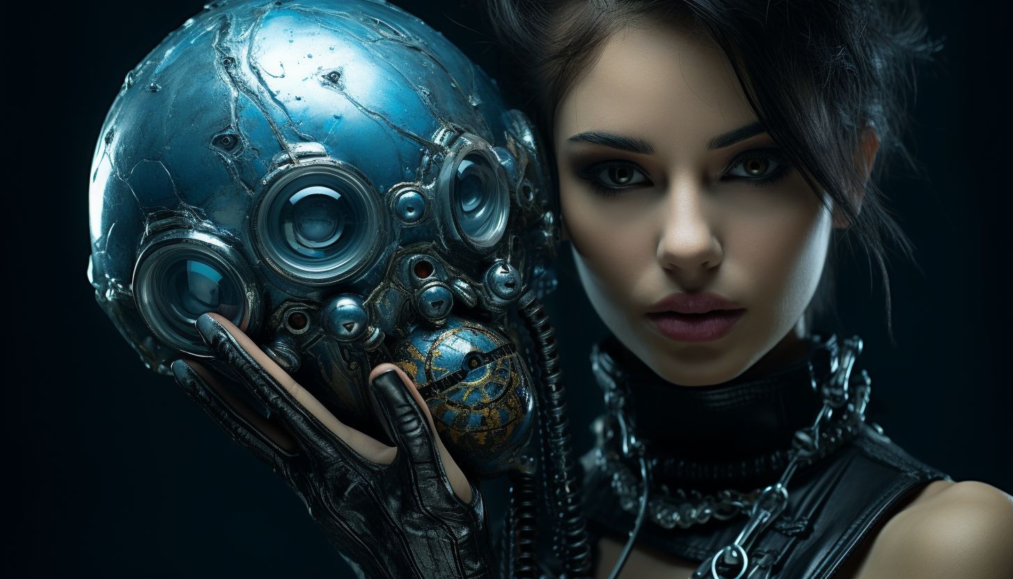 Prompt: the woman is holding an old style toy phone, in the style of futuristic glamour, stefan gesell, dark silver and light azure, clockpunk, realistic hyper-detail, fujifilm gw690iii, aleksi briclot